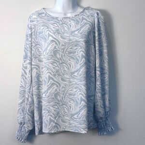 Vine & Love Marbled Print Long Sleeve Blouse Top Blue White Medium